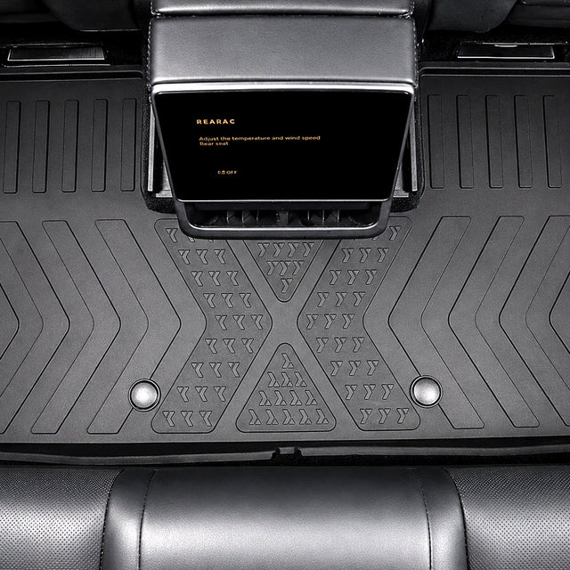 Overhead view of the MoldedFit one-piece second-row liner in Tesla Model Y Juniper