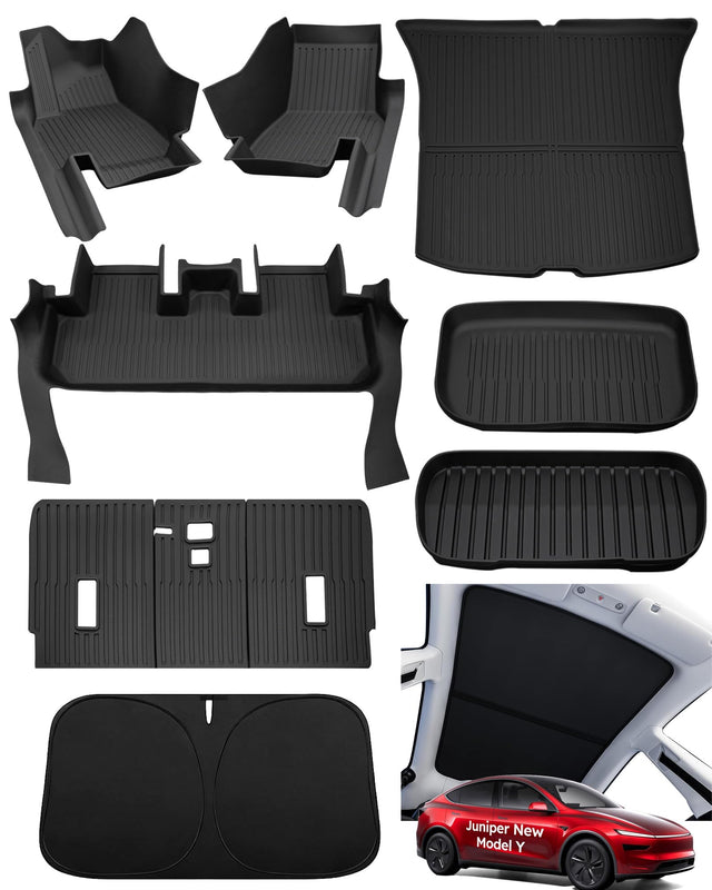 SUPER LINER 9-Pc Floor Mats & 3-Pc Sunshade Set for Model Y Juniper 2026 Custom Fit TPE Cargo Liners, All Weather Accessories, Graphene Heat Blocking, Carbon Fiber Never Sag(Not for Standard)
