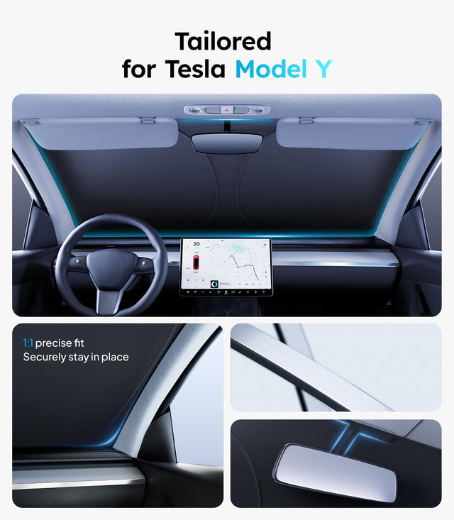 Tesla Model Y Juniper Sunshade 2026, Glass Roof and Windshield Sun Shade Set, Two Panel Roof, Never Sag Frame