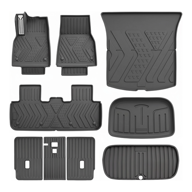 SUPER LINER MoldedFit 9-piece Tesla Model Y Juniper set — front and rear floor liners, rear trunk, frunk, storage well and three seat back protectors