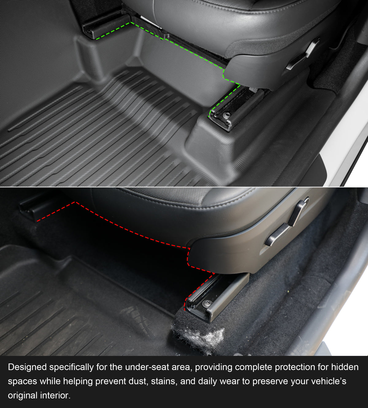 CabinProtect console side panel and raised footwell wall protection in a Tesla cabin